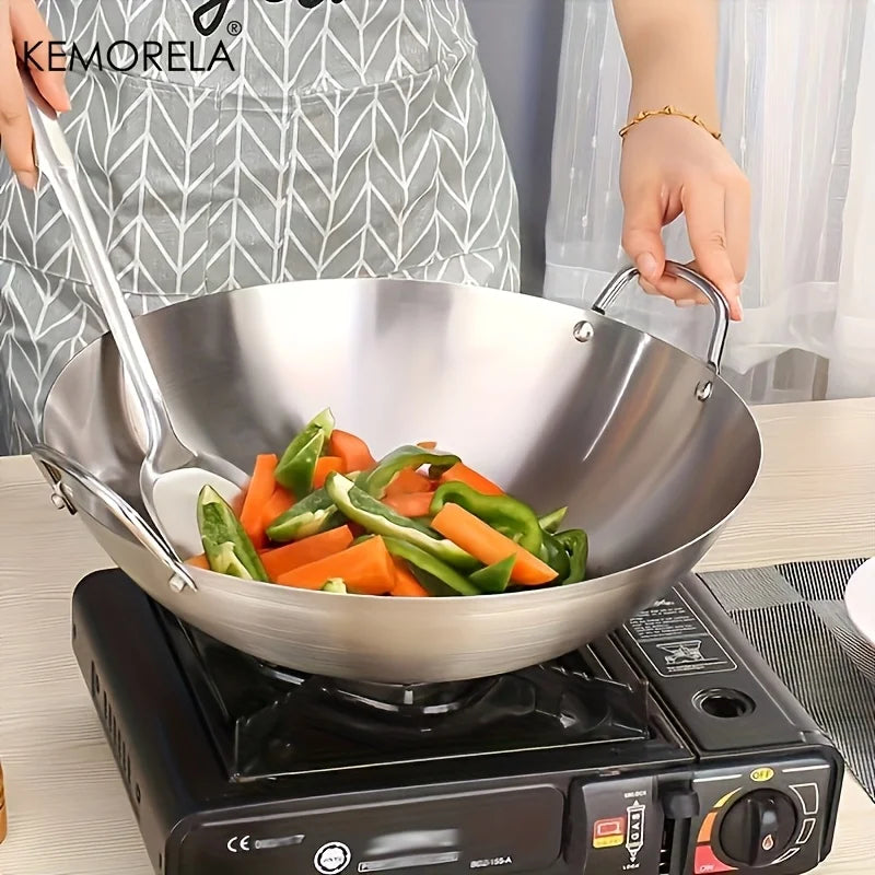 KEMORELA Stainless Steel Wok Uncoated 26–34cm | Double Handle Stainless Steel Wok Axl