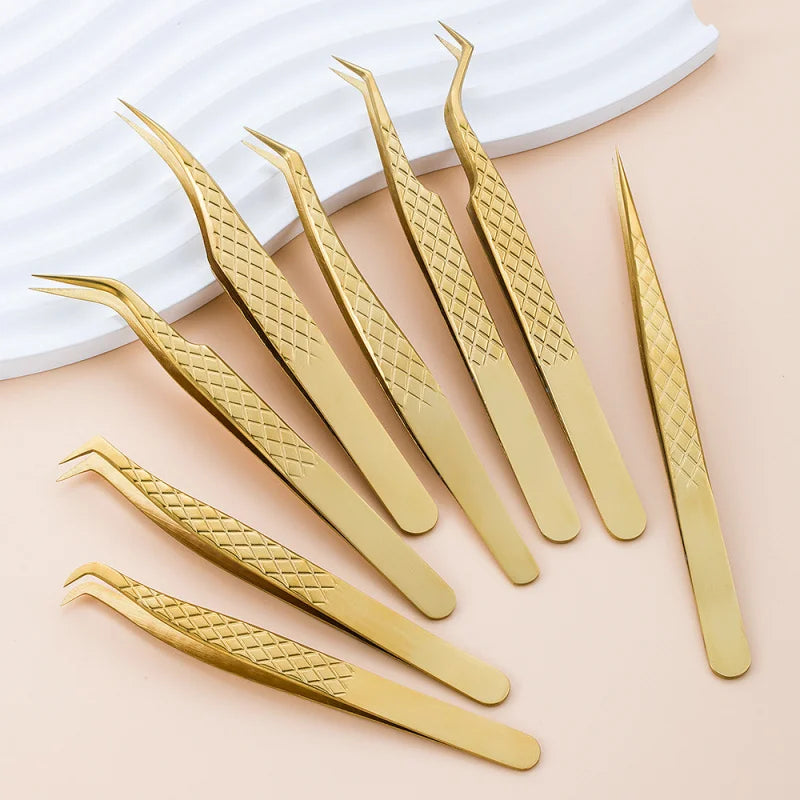 Golden Net Pattern Eyelash Extension Tweezers | Precision Lash Clip Eyelash Tweezers Axl