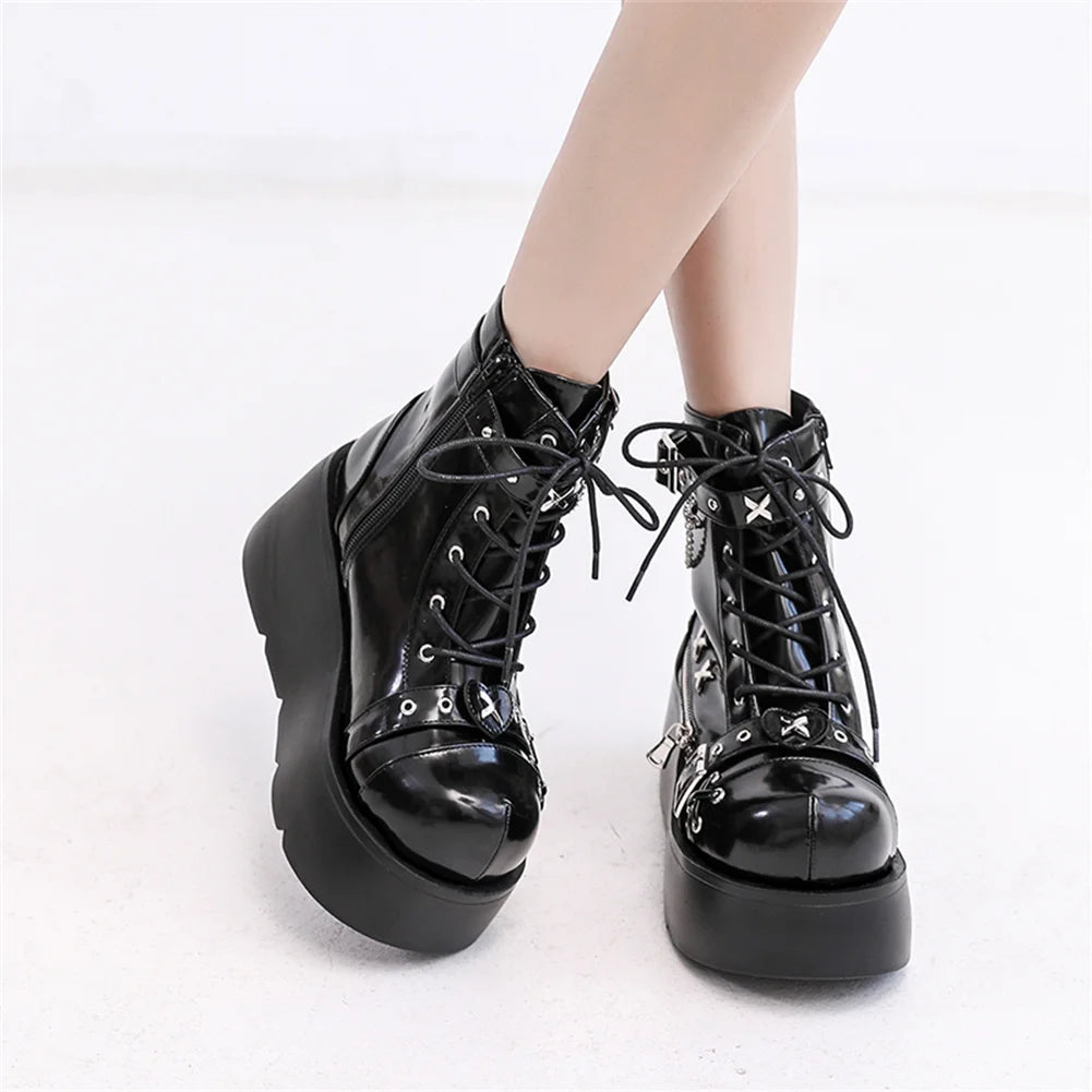 Women's Goth Platform Ankle Boots – Punk Wedge Buckle Zip Heels Platform Ankle Boots Axl