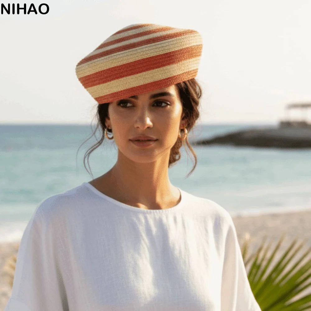 Women's Striped Paper Straw Dome Sun Hat – Lightweight & Elegant Straw Sun Hat Axl