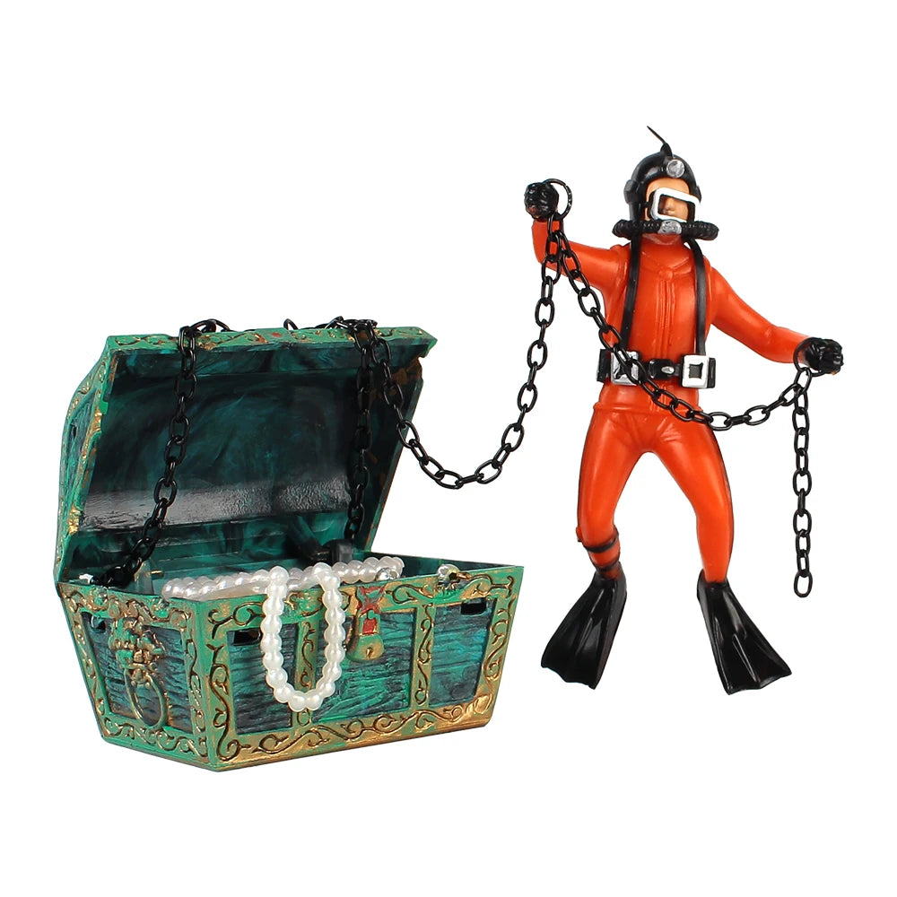 Aquarium Diver & Treasure Chest Fish Tank Ornament Decoration Aquarium Ornament Axl Orange