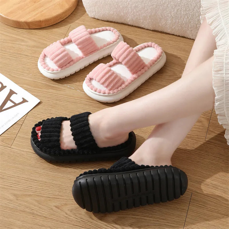 Women's Corduroy Plush Platform Slippers | Warm Furry Indoor Slides Women's Slippers Axl