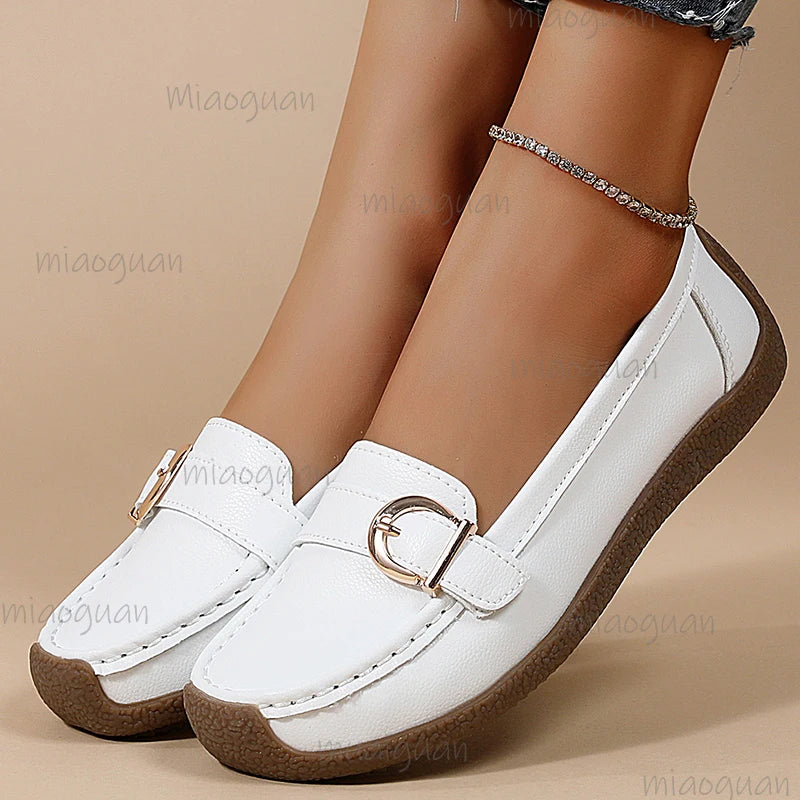 Women's Slip-On Loafers – Elegant Flat Heel PU Leather Flats Women's Loafers Axl