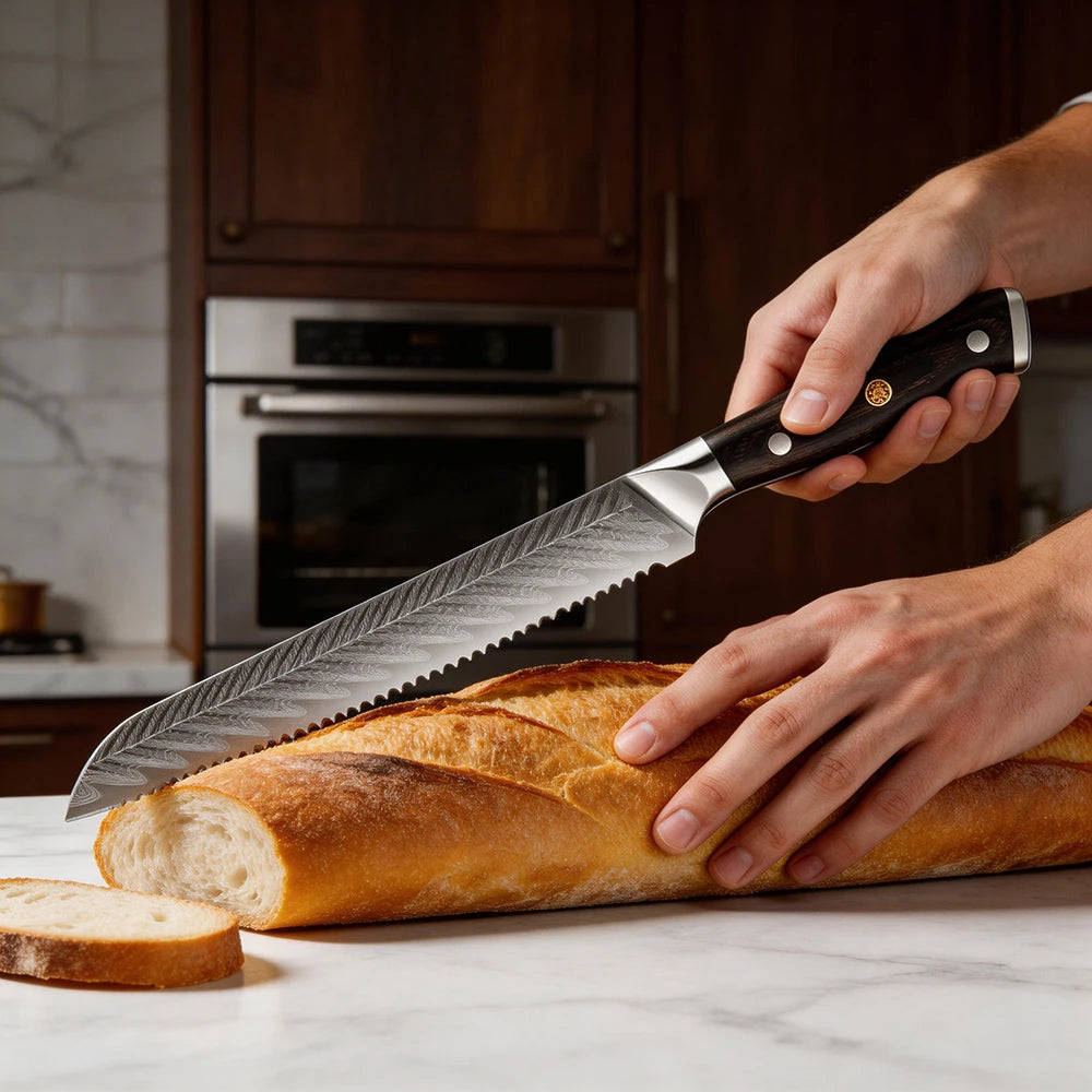 XITUO 8" Serrated Bread Knife – Damascus Steel Laser Blade Serrated Bread Knife Axl