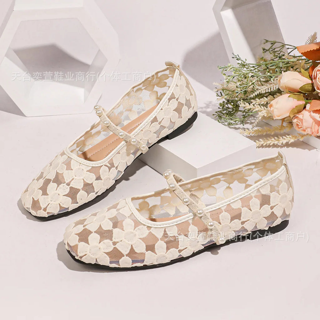 Women's Mesh Mary Jane Flats – Square Toe Flower Summer Shoes Mary Jane Flats Axl White 40