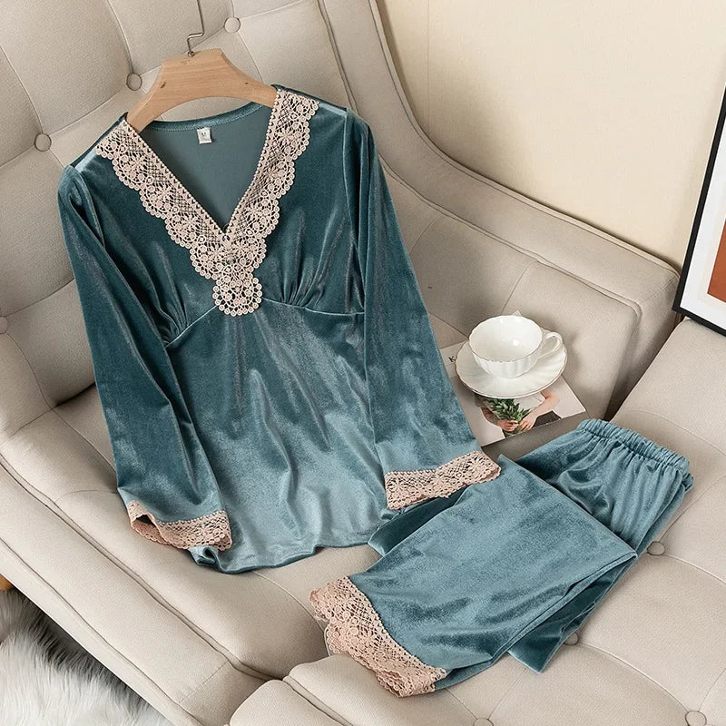 Women's Velvet Pajama Set – Long Sleeve Lace Trim Sleepwear Velvet Pajama Set Axl blue-2 L