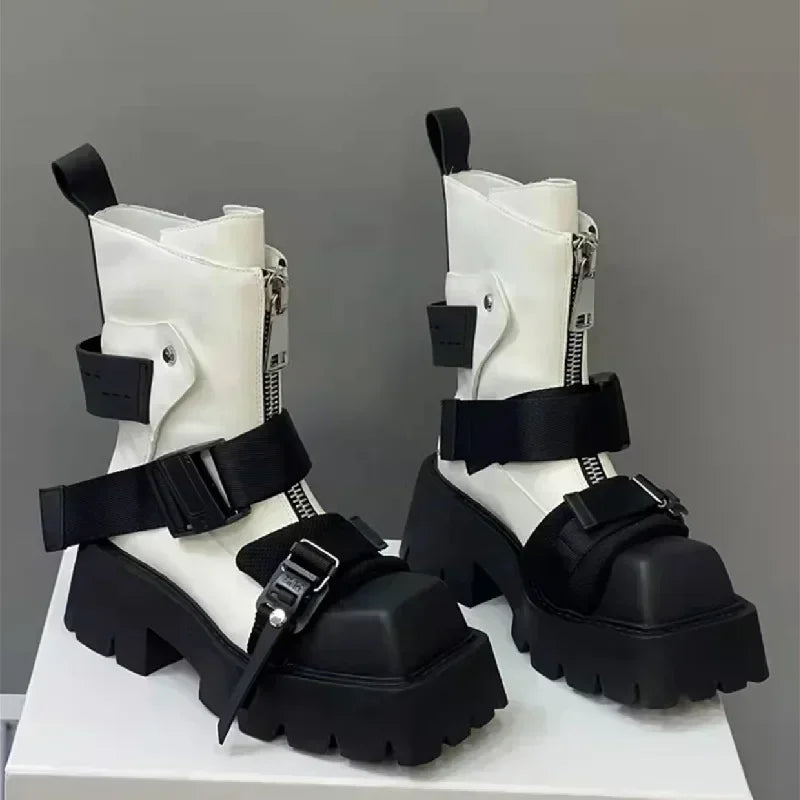 Women's Platform Ankle Boots | Zip & Buckle Moto Style Platform Ankle Boots Axl White 41