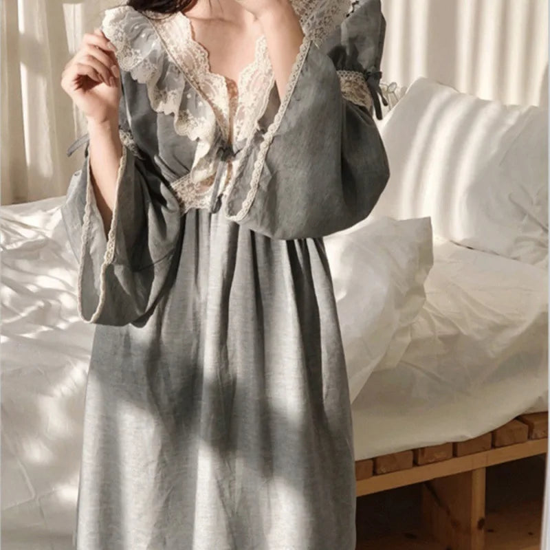 Vintage Lace V-Neck Women's Nightgown – Ankle-Length Sleep Dress Women's Nightgown Axl