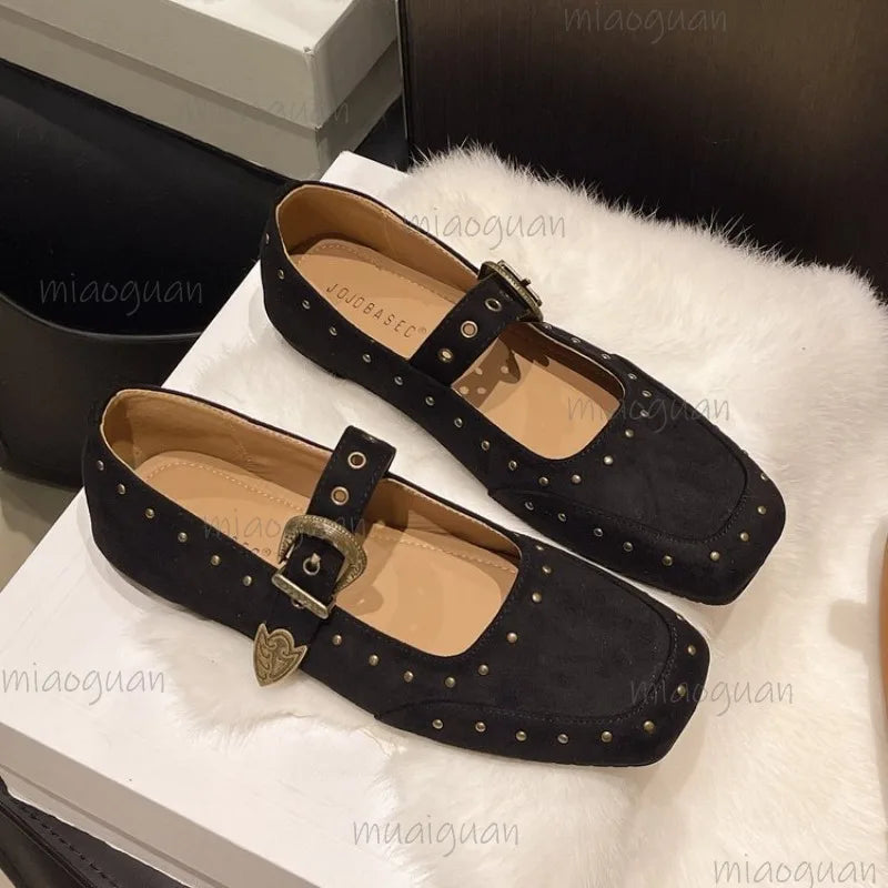 Retro Mary Jane Flats – Square Toe Buckle & Rivet Women's Shoes Women's Flat Shoes Axl