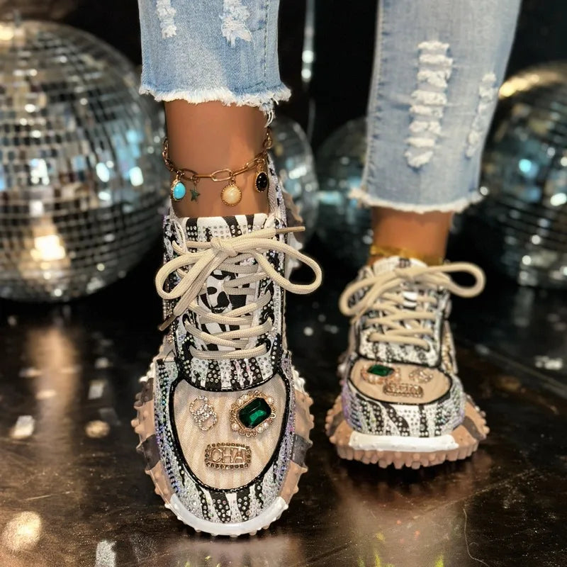 YEAE Women's Rhinestone Diamond Platform Sneakers | Luxury Casual Platform Sneakers Axl