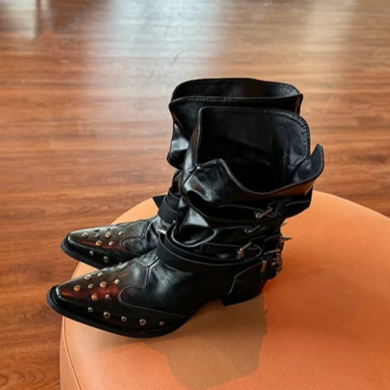 Women's Rivet Block Heel Mid-Calf Boots | Pointed Toe Buckle Women's Mid-Calf Boots Axl