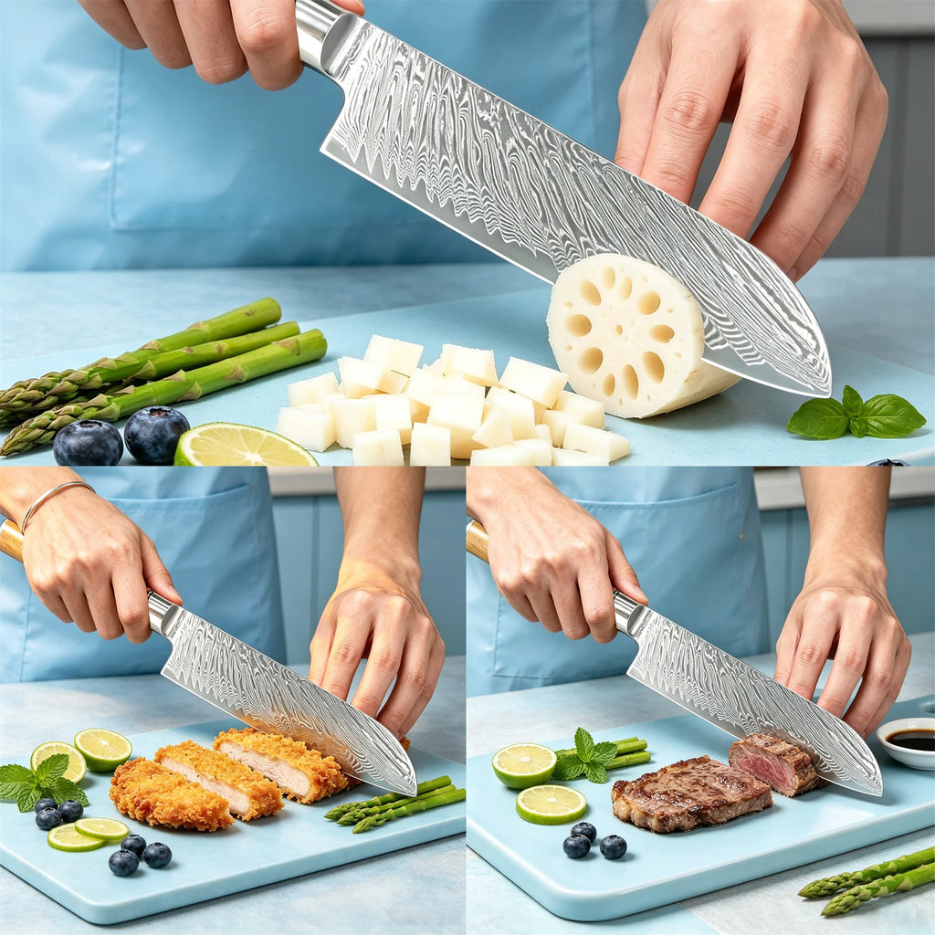 Damascus Steel Santoku Knife – Sharp 17.7cm Kitchen Blade Santoku Kitchen Knife Axl