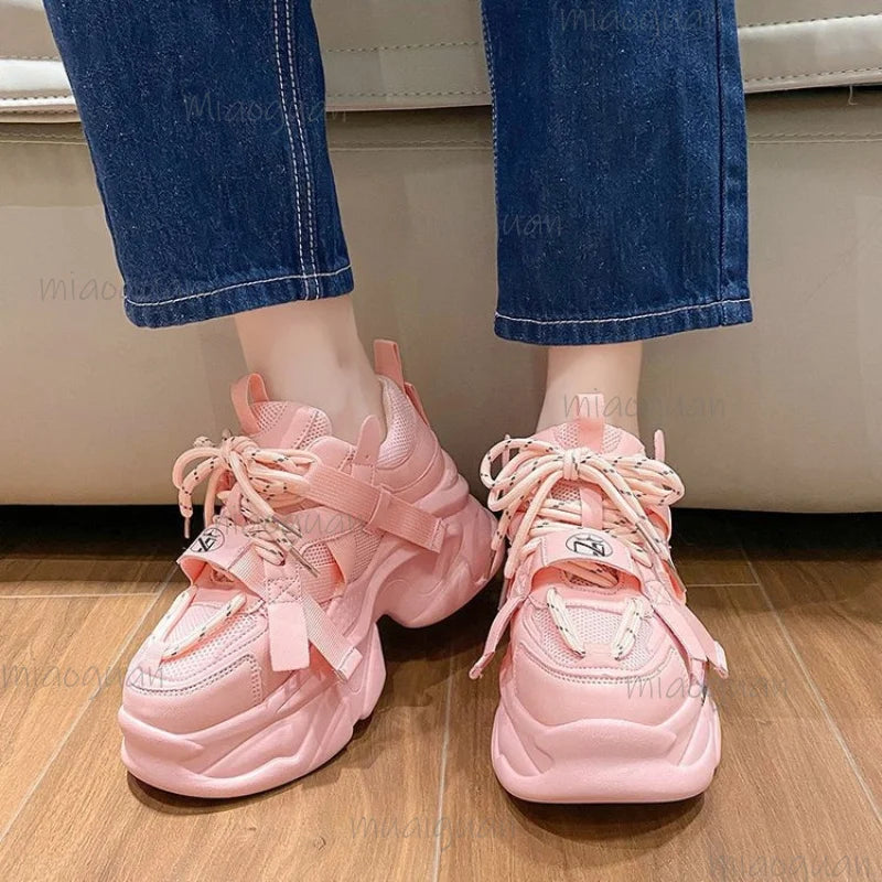 Women's Platform Chunky Sneakers – Shiny Lace-Up Sport Shoes Platform Sneakers Axl Pink 35