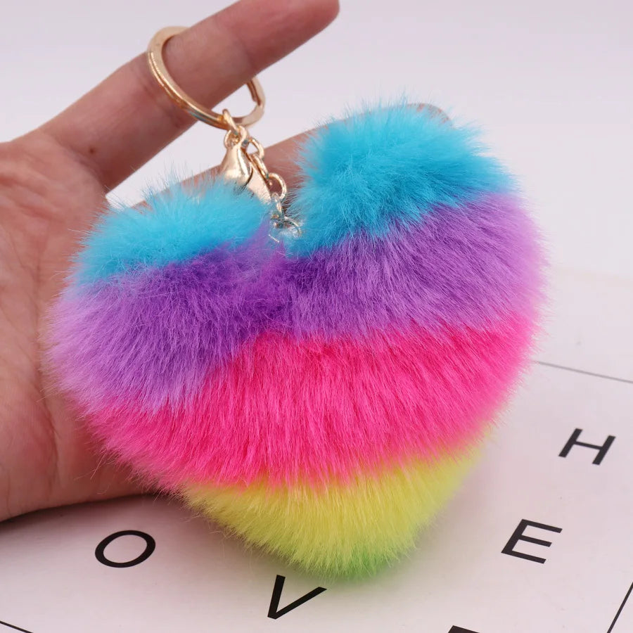 Fluffy Faux Fur Heart Keychain – Colorful Women's Bag Charm Fur Pompom Keychain Axl