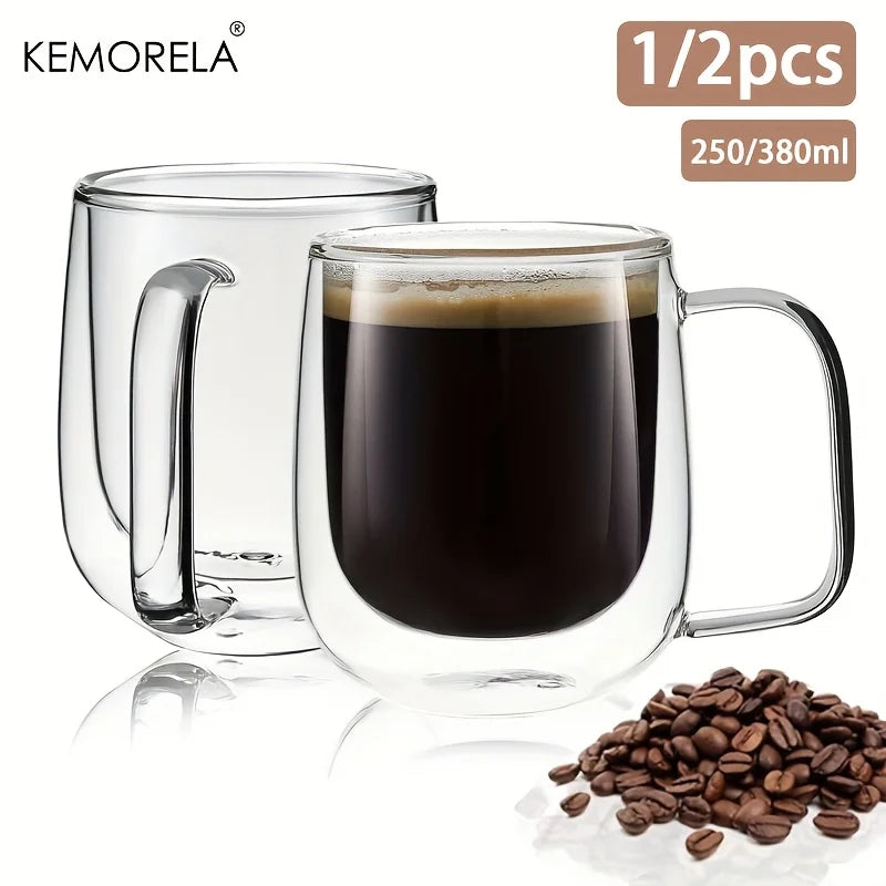 KEMORELA Double Wall Glass Coffee Cup with Handle | Heat Resistant Glass Coffee Mug Axl