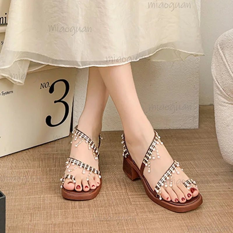 Bohemian Women's High Heel Sandals – Rhinestone Pearl Clip Toe Heeled Sandals Axl