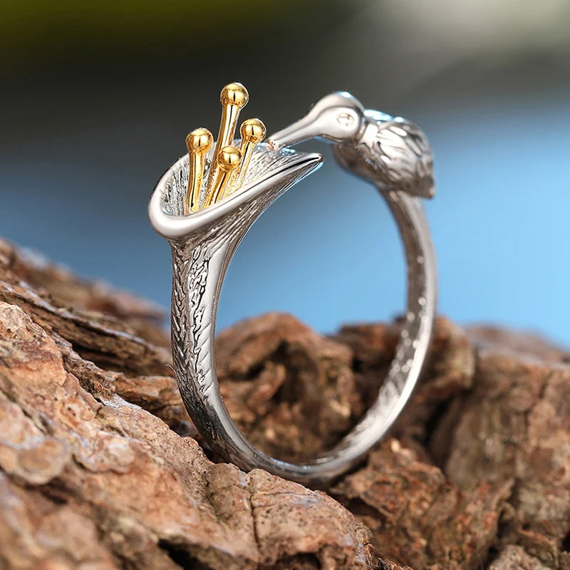 Huitan Bird & Flower Two-Tone Brass Ring for Women – Sizes 5–14 Fashion Ring Axl