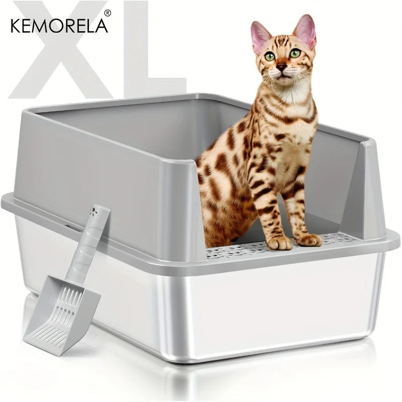 KEMORELA XL Stainless Steel Cat Litter Box with Lid & Scoop Cat Litter Box Axl