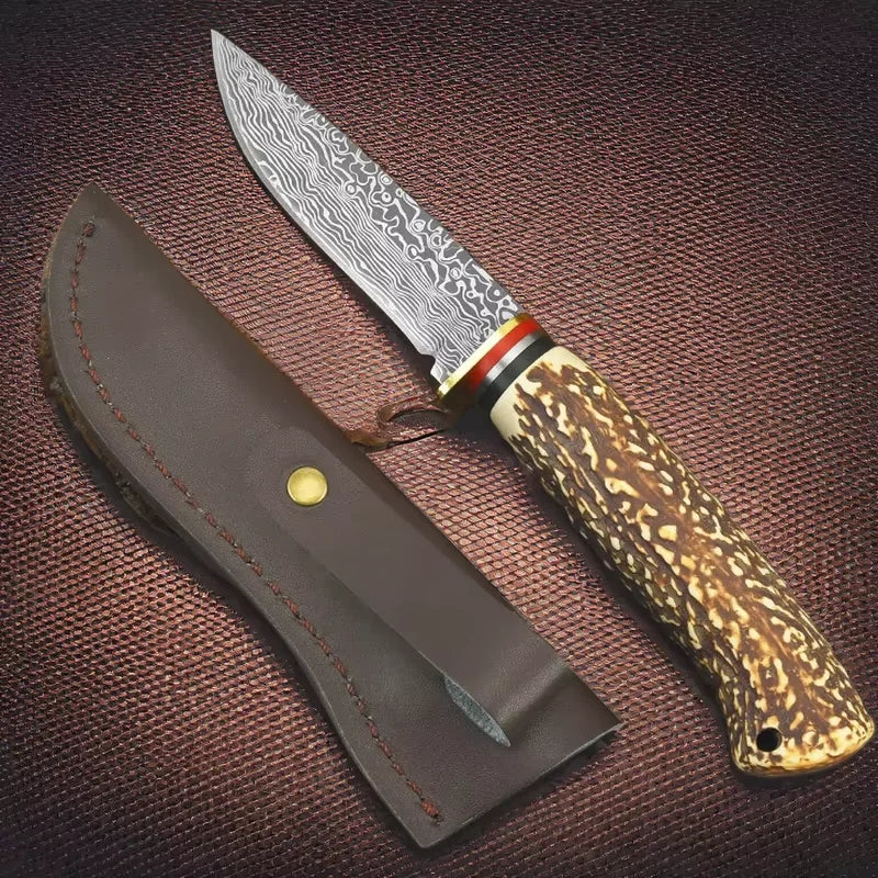 FL FLYWOD Fixed Blade Knife – Damascus Bone Handle D3 Steel Fixed Blade Knife Axl Knife with cover