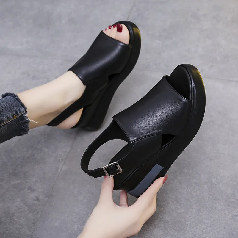 Women's Wedge Sandals – Retro Peep Toe Buckle Beach Shoes Wedge Sandals Axl 610black 39