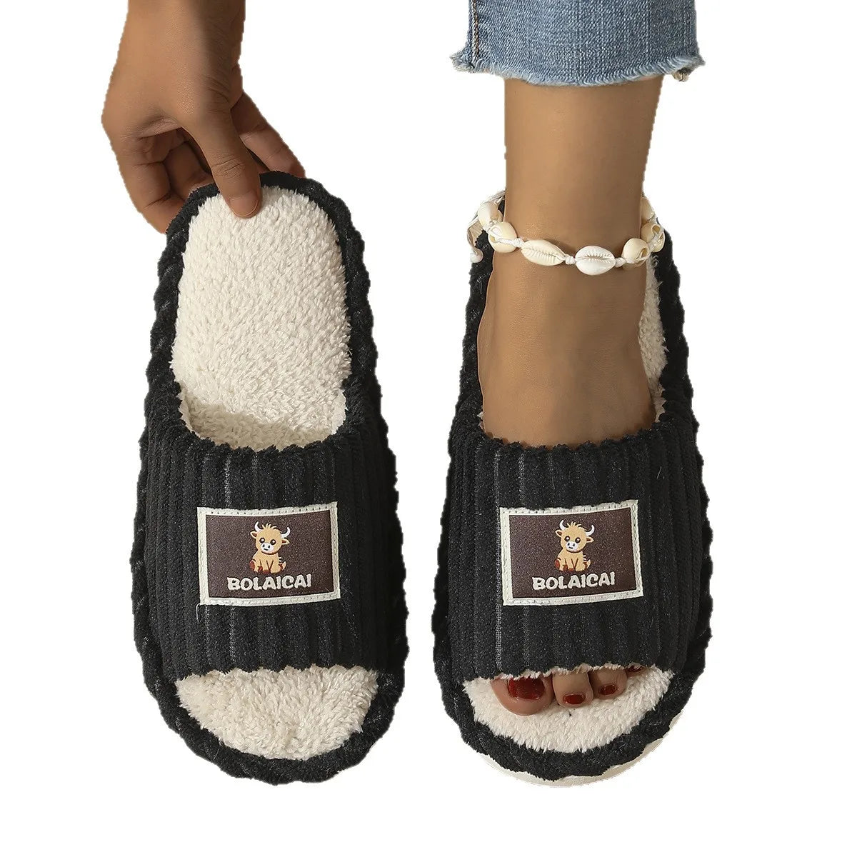 Men's Corduroy Fuzzy House Slippers – Plush Non-Slip Open Toe House Slippers Axl