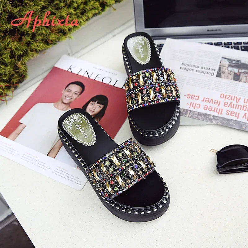 Women's Crystal Rhinestone Wedge Slides – Platform Beach Sandals Wedge Slide Sandals Axl