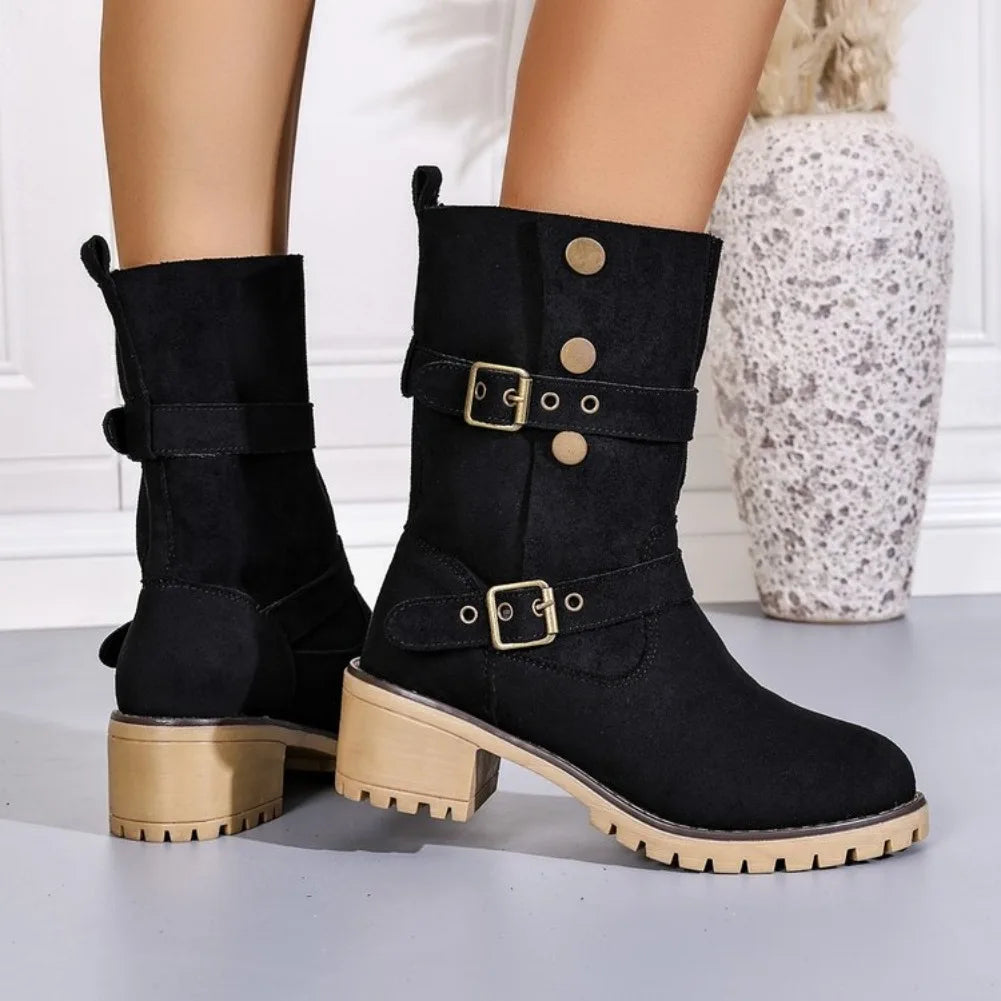 VKJF Women's Mid-Calf Western Boots – Vintage Buckle Slip-On Women's Mid-Calf Boots Axl