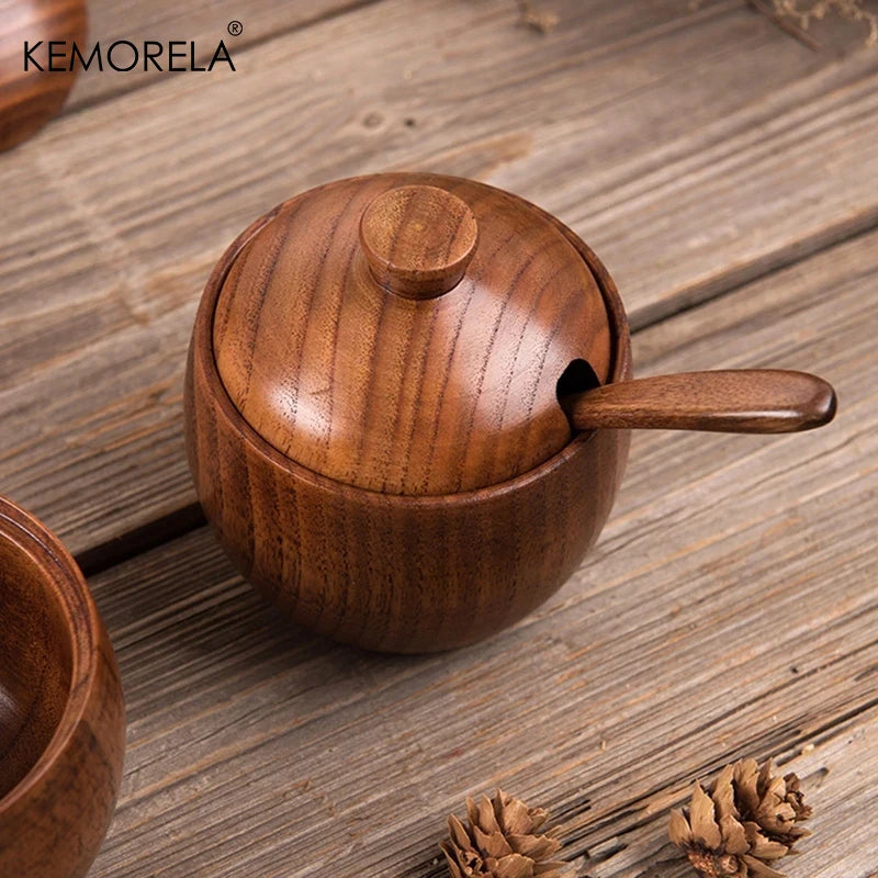 KEMORELA 2-Pack Retro Wood Condiment Jars with Lid & Spoon Condiment Container Set Axl