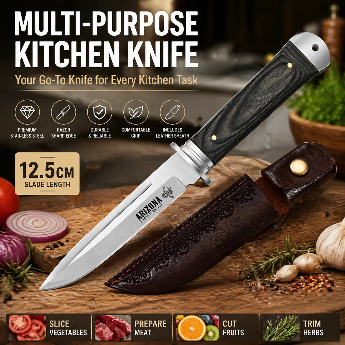 5Cr13 Steel Kitchen Utility Knife with Pakkawood Handle & Sheath Kitchen Utility Knife Axl
