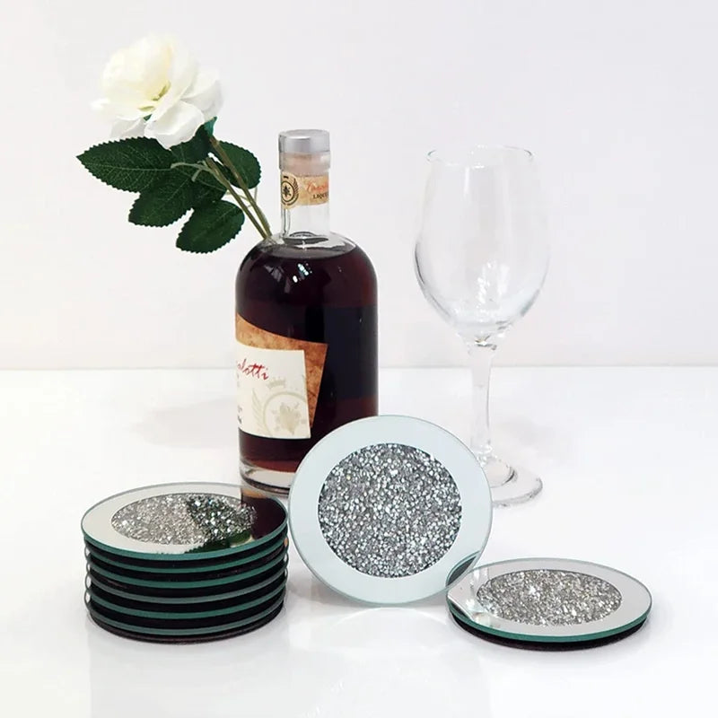 Rhinestone Mirror Glass Cup Coaster – Silver Luxury Mat Decorative Coaster Axl