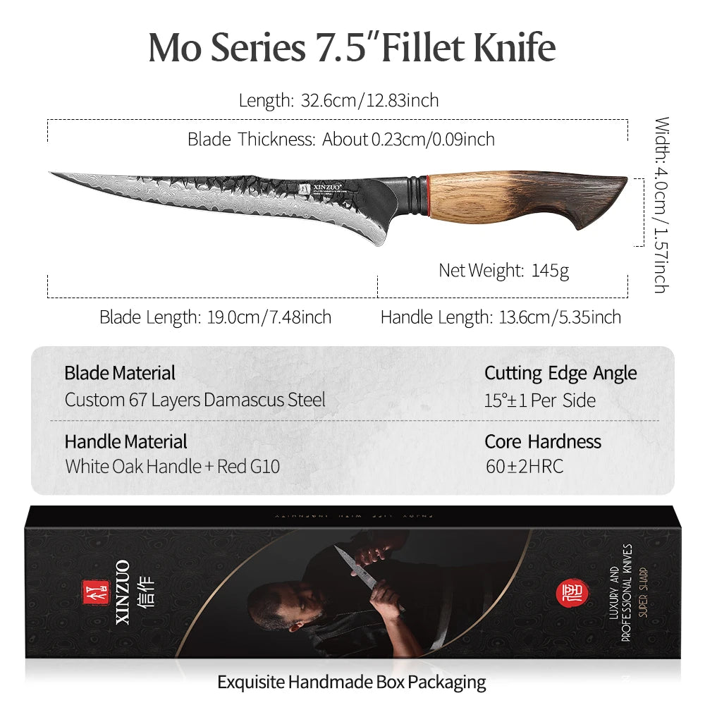 XINZUO 7.5" Damascus Steel Fillet Knife – 67-Layer Forged Blade Damascus Fillet Knife Axl