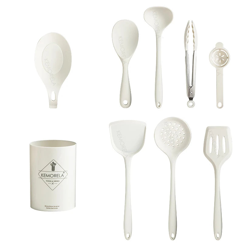 KEMORELA 9-Piece Silicone Kitchen Utensil Set | Non-Stick Silicone Utensil Set Axl 9PCS-Barrel-White