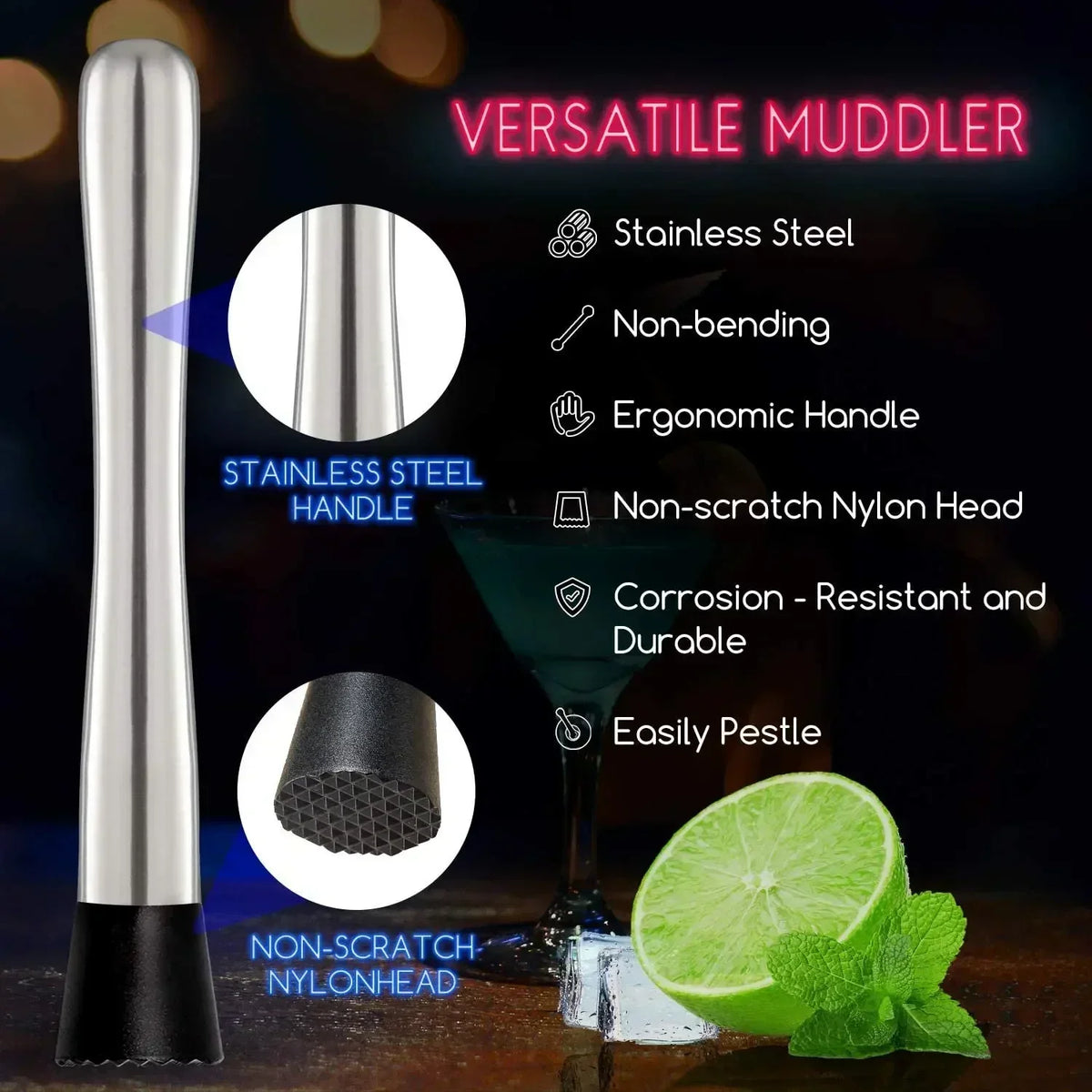 Stainless Steel Cocktail Muddler & Mixing Spoon Bar Tool Set Cocktail Bar Tool Set Axl