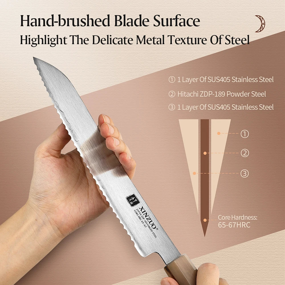 XINZUO 8.7" Bread Knife ZDP-189 Steel & Desert Ironwood Handle Bread Knife Axl