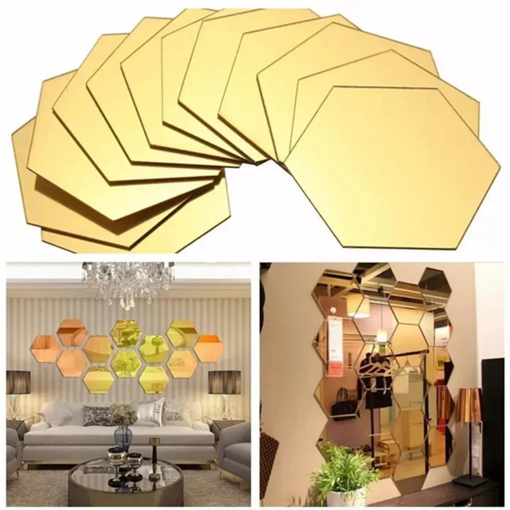 12-Pc 3D Hexagon Acrylic Mirror Wall Stickers | Gold & Silver Mirror Wall Stickers Axl