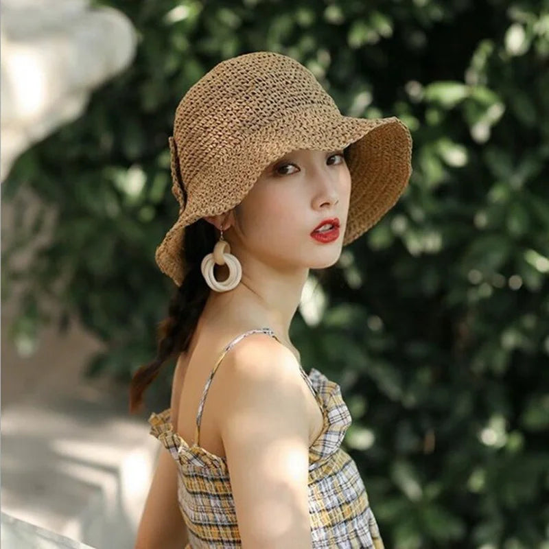 Women's Wide Brim Foldable Straw Beach Sun Hat with Bowknot Straw Sun Hat Axl