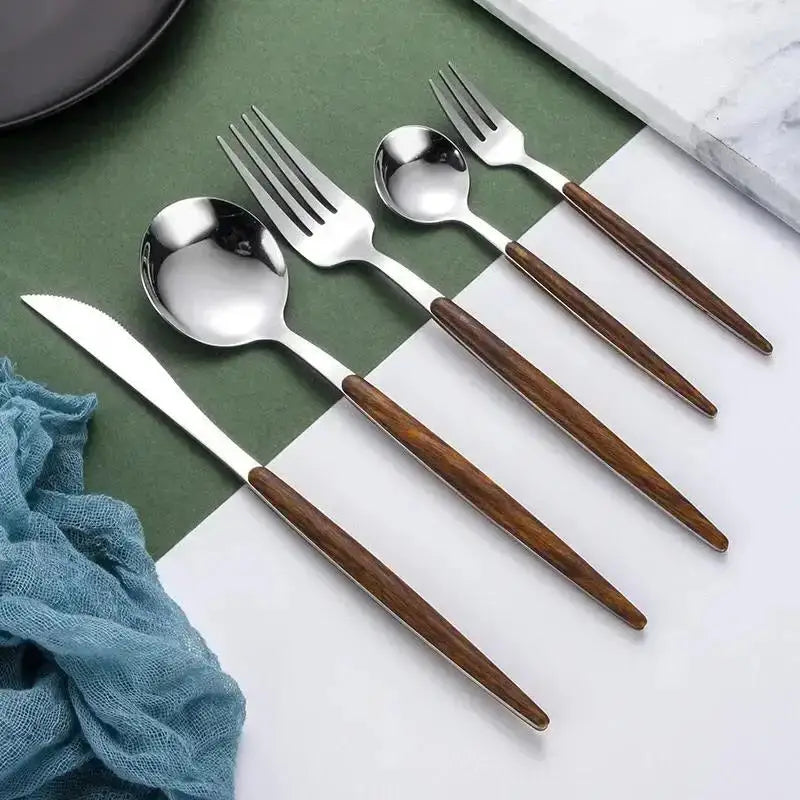 5-Piece Gold Cutlery Set – Wooden Handle Stainless Steel Cutlery Flatware Set Axl