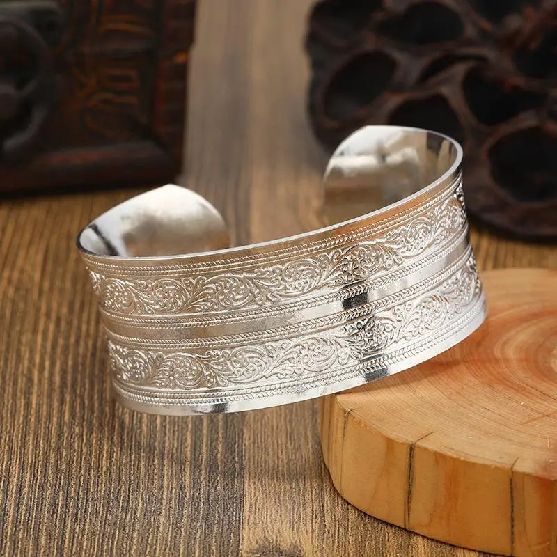 Bohemian Silver Wide Cuff Bracelet – Carved Flower Boho Jewelry Cuff Bracelet Axl