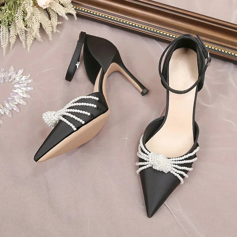 Beaded Satin High Heel Wedding Pumps – Pointed Toe Stilettos High Heel Pumps Axl