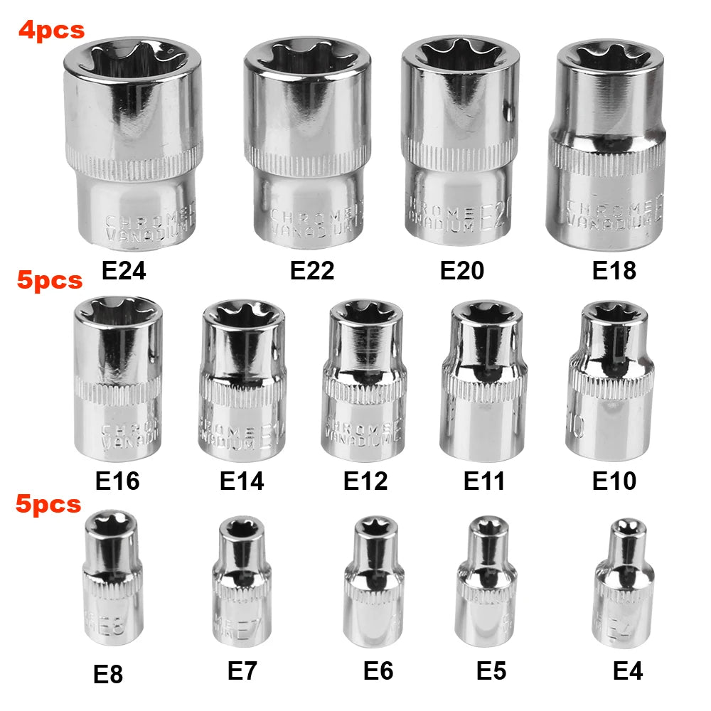 14-Pc E4–E24 Female Torx Star Socket Set with Case Torx Socket Set Axl