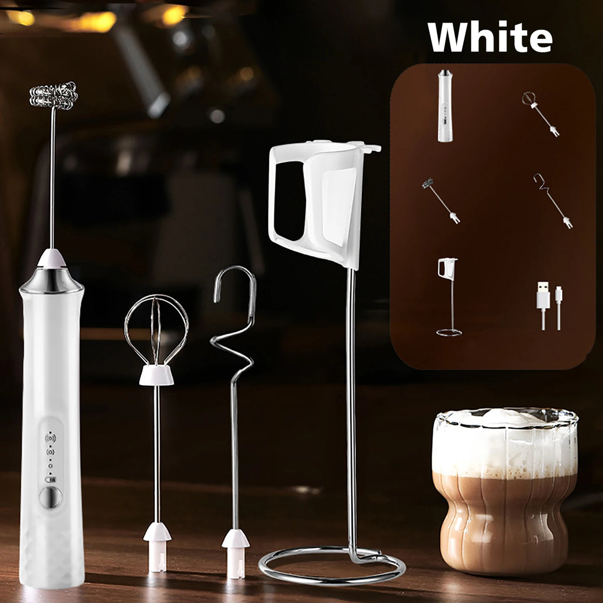 ONEKA Rechargeable Handheld Milk Frother – Electric Foam Maker Milk Frother Axl White 3 Whisk