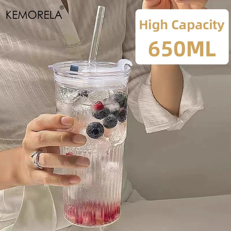 KEMORELA 600ml Stripe Glass Cup with Lid & Straw | 1-2 Pack Glass Tumbler Set Axl