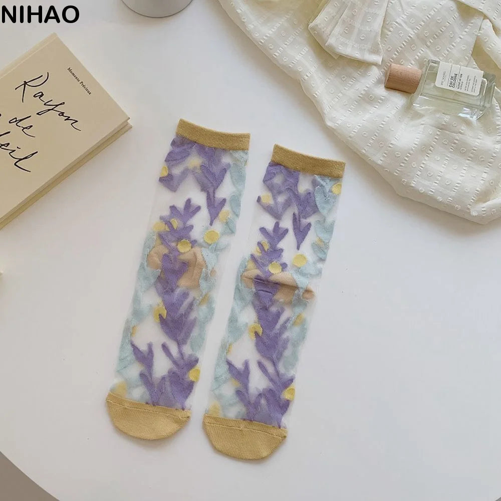 Korean Floral Mesh Tube Socks – Sheer Embroidery Women's Socks Floral Mesh Socks Axl