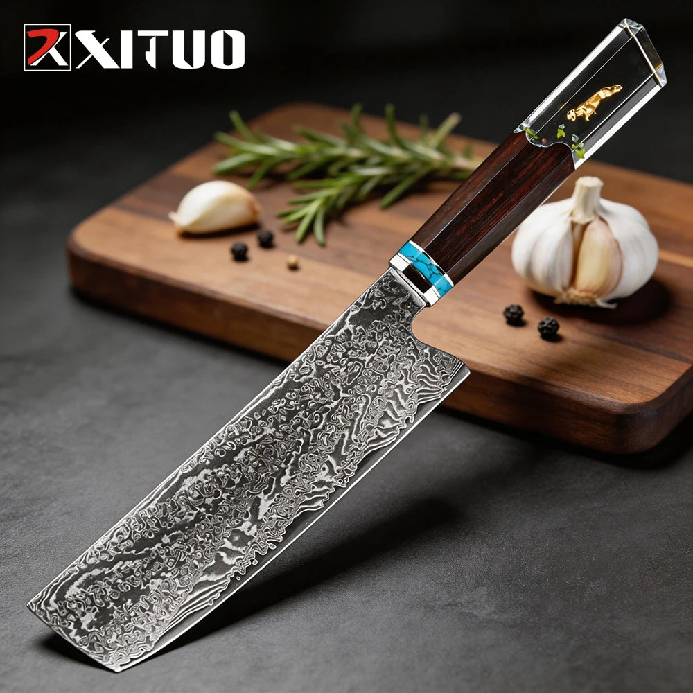 XITUO 7" Nakiri Knife VG-10 Damascus Steel | Wood Handle Nakiri Kitchen Knife Axl