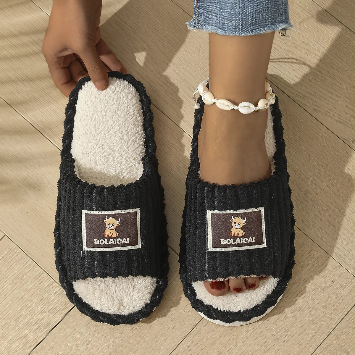 Men's Corduroy Fuzzy House Slippers – Plush Non-Slip Open Toe House Slippers Axl Black 36-37