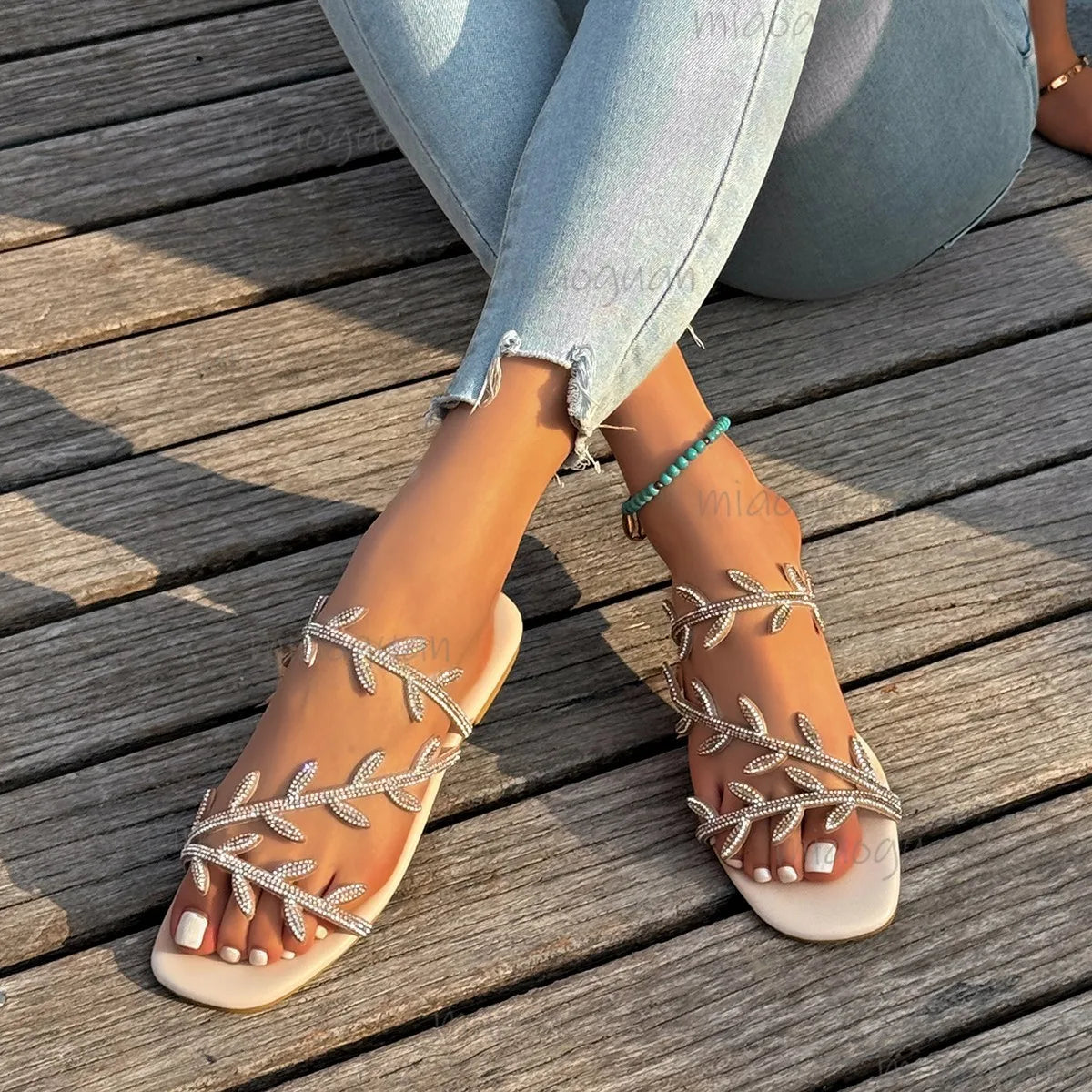 Women's Rhinestone Leaf Flat Slide Sandals | Summer Beach Slippers Flat Slide Sandals Axl