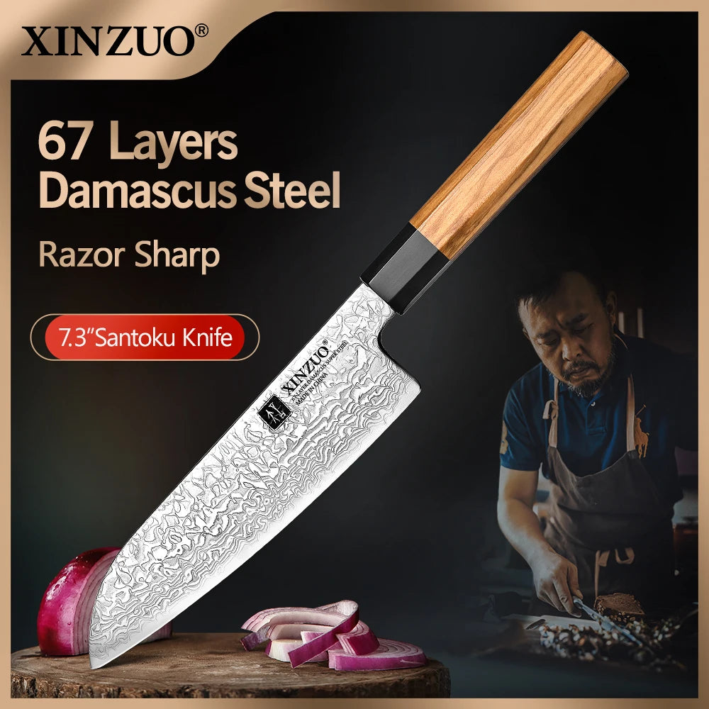 XINZUO 7.3" Damascus Santoku Knife – Olive Wood Handle Damascus Santoku Knife Axl