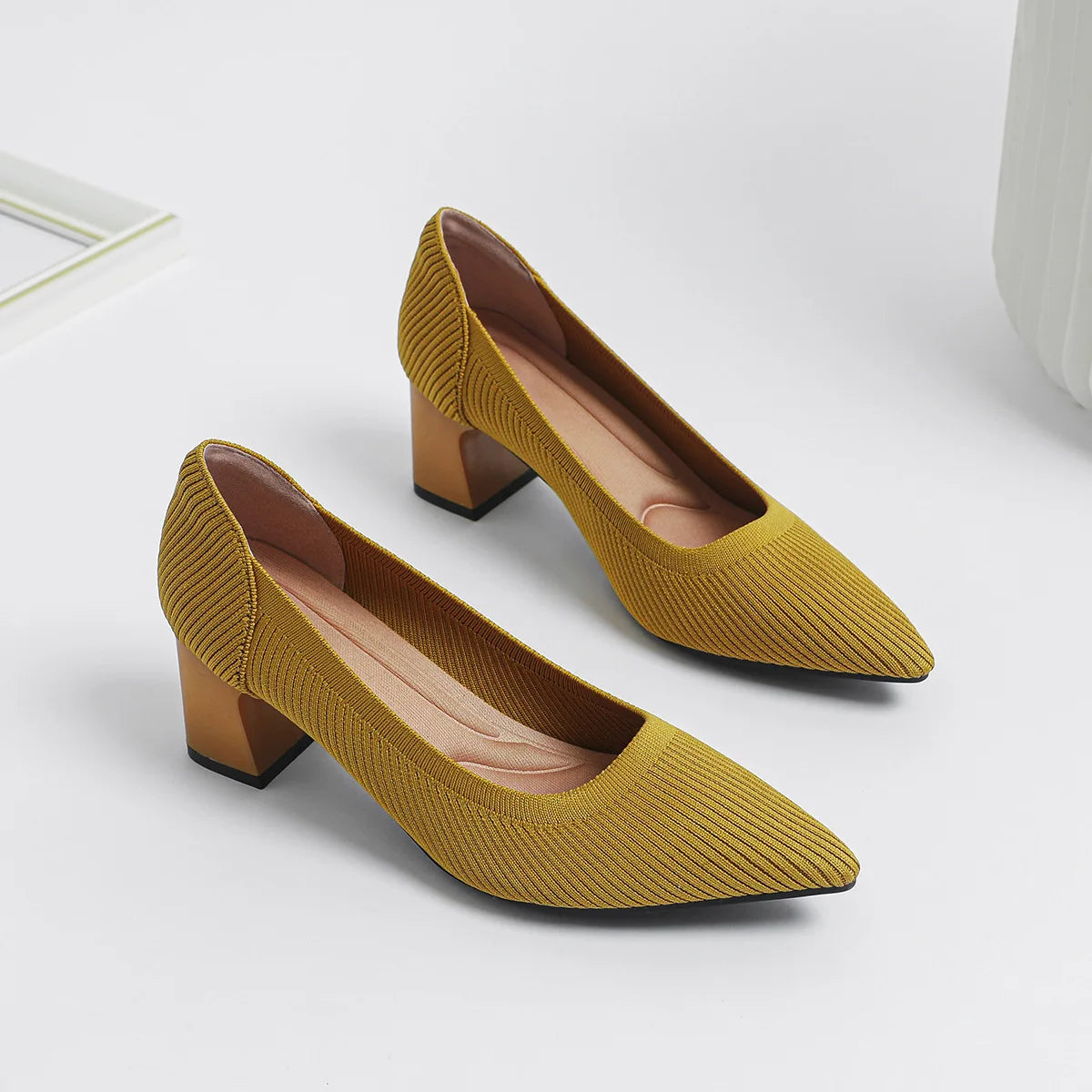 YBQJOO Women's Pointed Toe Block Heel Pumps – Knit Work Shoes High Heel Pumps Axl Gold 36