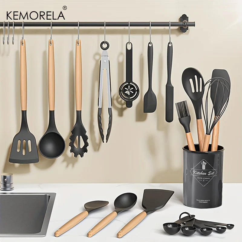 KEMORELA 30-Piece Silicone Cooking Utensil Set – Wooden Handles Silicone Utensil Set Axl