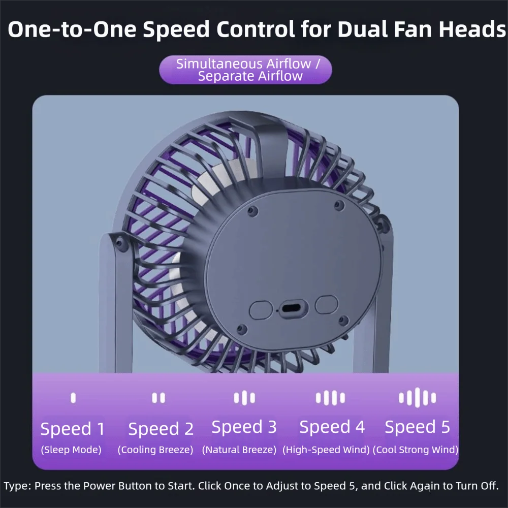 5-Speed Dual-Head USB Rechargeable Desktop Fan + Night Light Rechargeable Desktop Fan Axl
